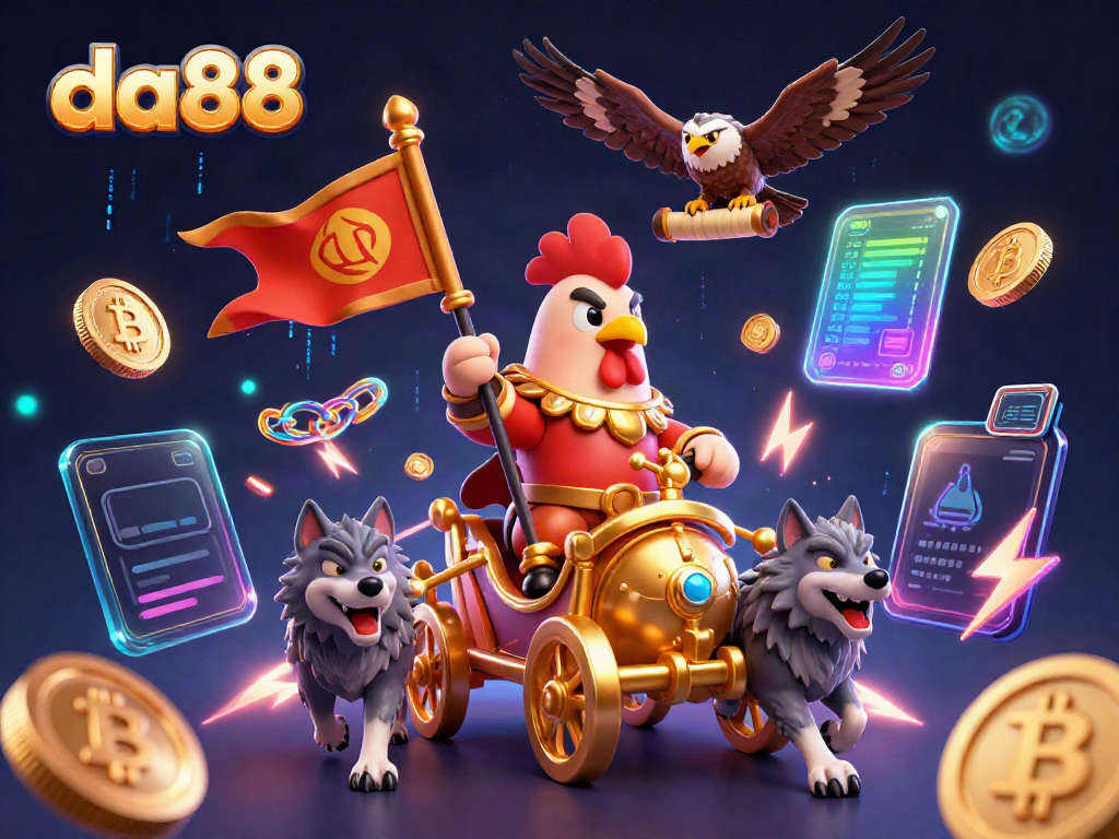 Engage in thrilling casino adventures with da88, featuring a cartoon rooster warlord and crypto elements.