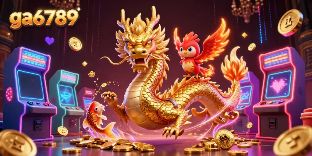 Experience thrilling online gaming with ga6789, featuring a dragon and phoenix above coins.