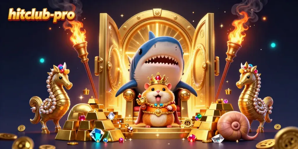 Experience hitclub-pro with a vibrant casino scene showcasing a golden hamster king amidst treasure and games.
