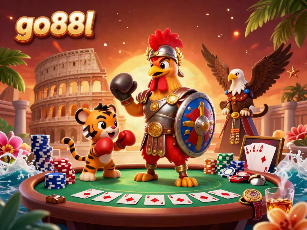 Engaging scene at go88l featuring a gladiator rooster and tiger cub in a dynamic gambling colosseum.