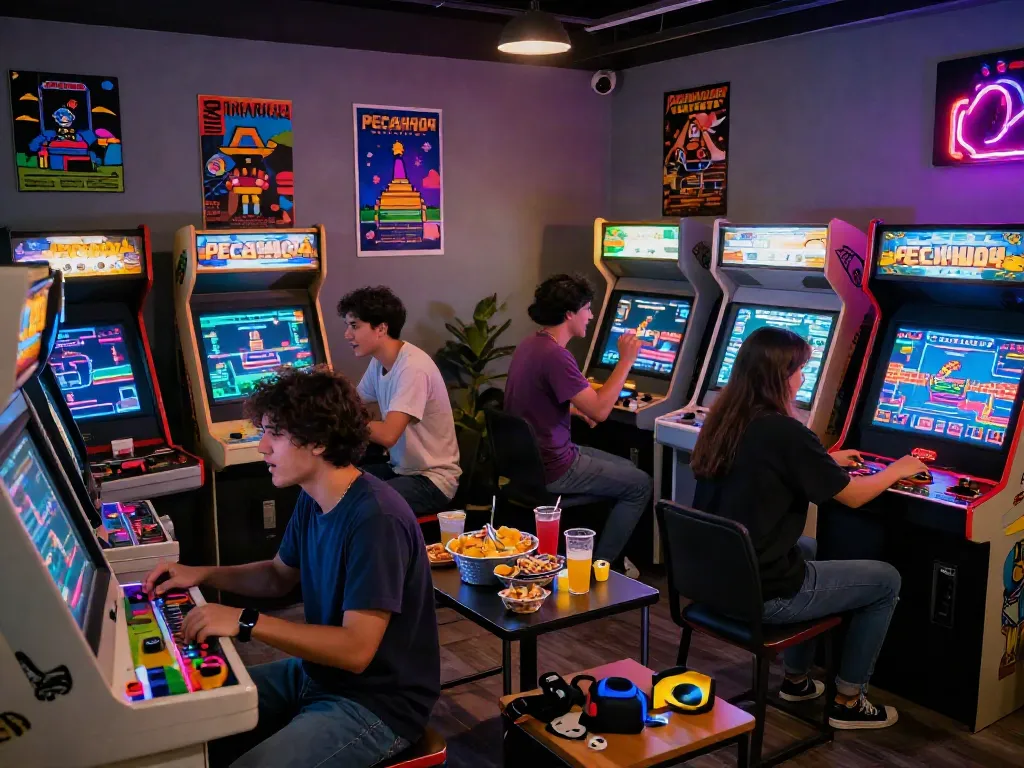 Exciting group gaming experience with PECAH404 arcade machines in vibrant retro setting