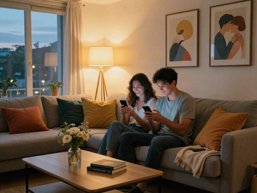 Couple enjoying ai sexting in a cozy modern living room.