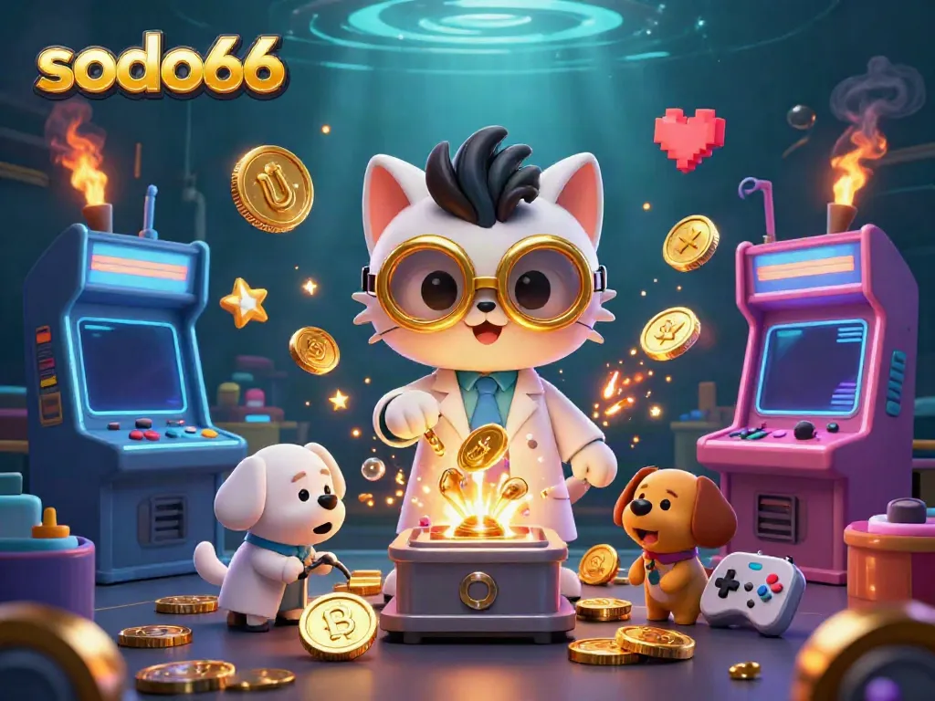 Experience thrilling wins with sodo66 at this vibrant digital casino scene featuring colorful 3D arcade elements.