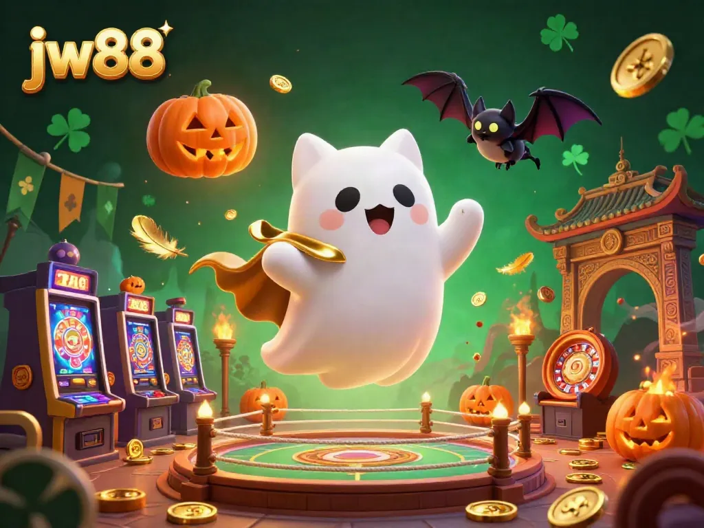 Engage with jw88's thrilling gaming adventure featuring a ghost cat and bat in a lively casino scene.