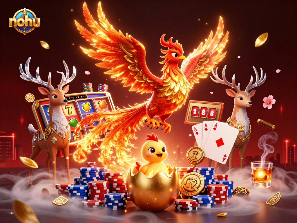 Experience the excitement of nohu with vibrant slot symbols surrounded by mythical characters in a casino scene.