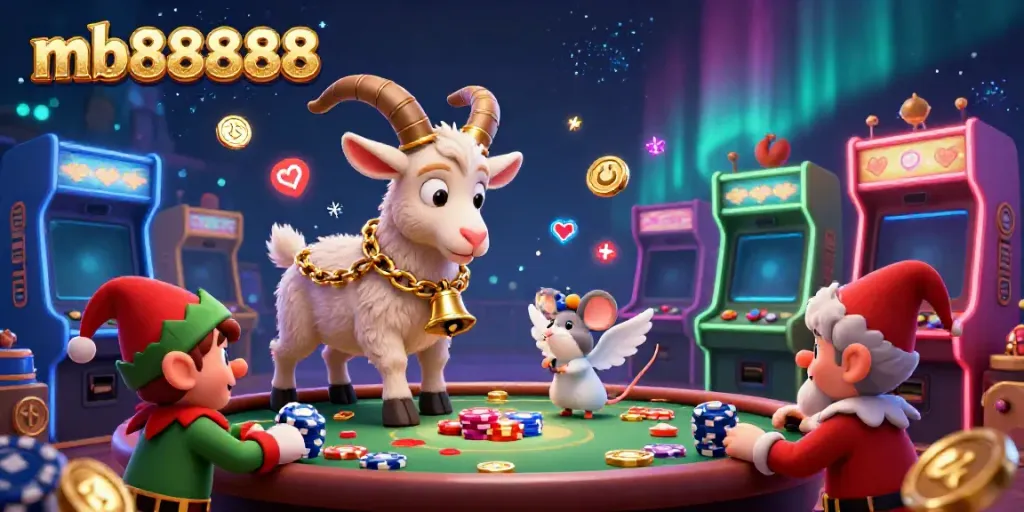 Engage with mb888888's vibrant casino scene featuring the Krampus goat, interactive games, and whimsical characters.