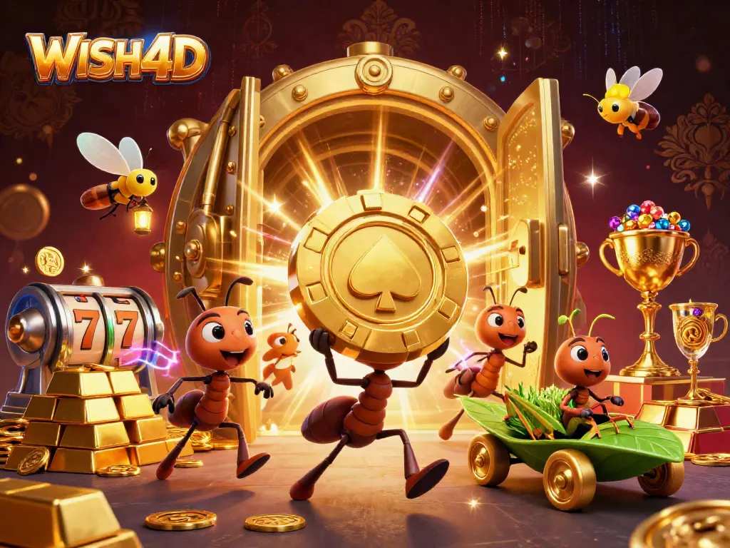 WISH4D brings excitement with ants heisting a giant poker chip amidst dazzling casino treasures