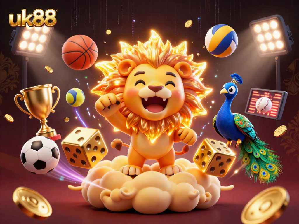 uk88 players engaging with vibrant casino elements and sports action in a 3D animated scene.