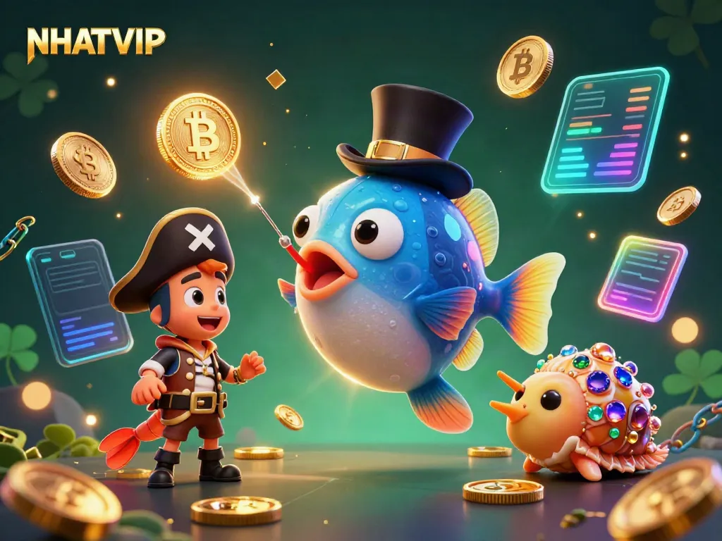 Experience the excitement of NHATVIP with vibrant 3D characters and glowing casino elements illustrating winning strategies.