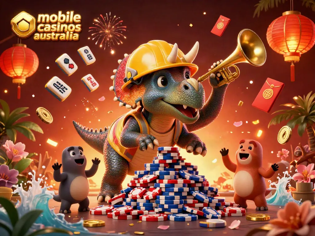 Engage with mobile online casinos Australia through a vibrant illustration showcasing animated characters celebrating with poker chips and casino elements.