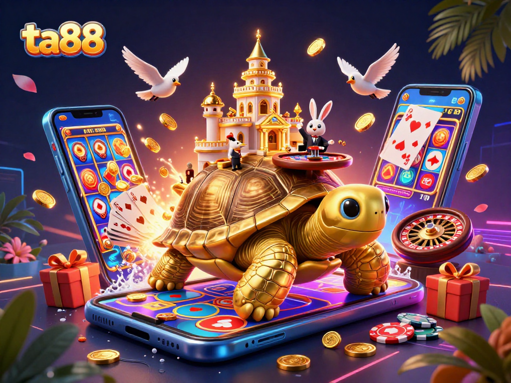 ta88 offers thrilling casino experiences with golden tortoise and rabbit dealer in vibrant scene.