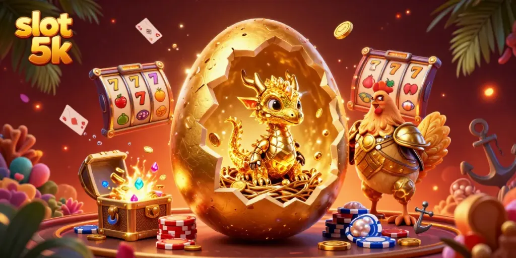Engage with vibrant slot 5k games featuring a golden dragon and poker chips amidst a colorful casino atmosphere.