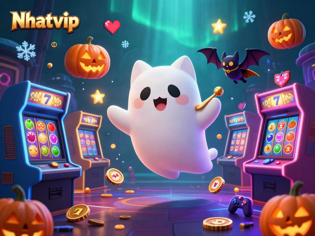 Nhatvip ghost cat showcases slot reels and vibrant gameplay in a haunted casino.