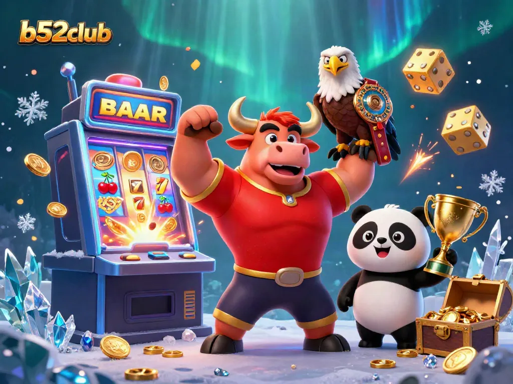 Experience excitement with b52club as characters celebrate amidst a jackpot explosion, showcasing vibrant casino elements.