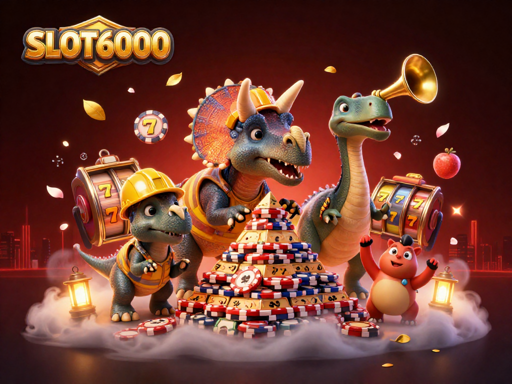 Spin to win with SLOT6000 featuring a vibrant 3D illustration of a triceratops and fun casino elements.