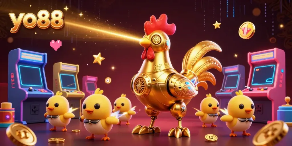 Engage in thrilling gaming with yo88, featuring a golden rooster robot and vibrant arcade elements.