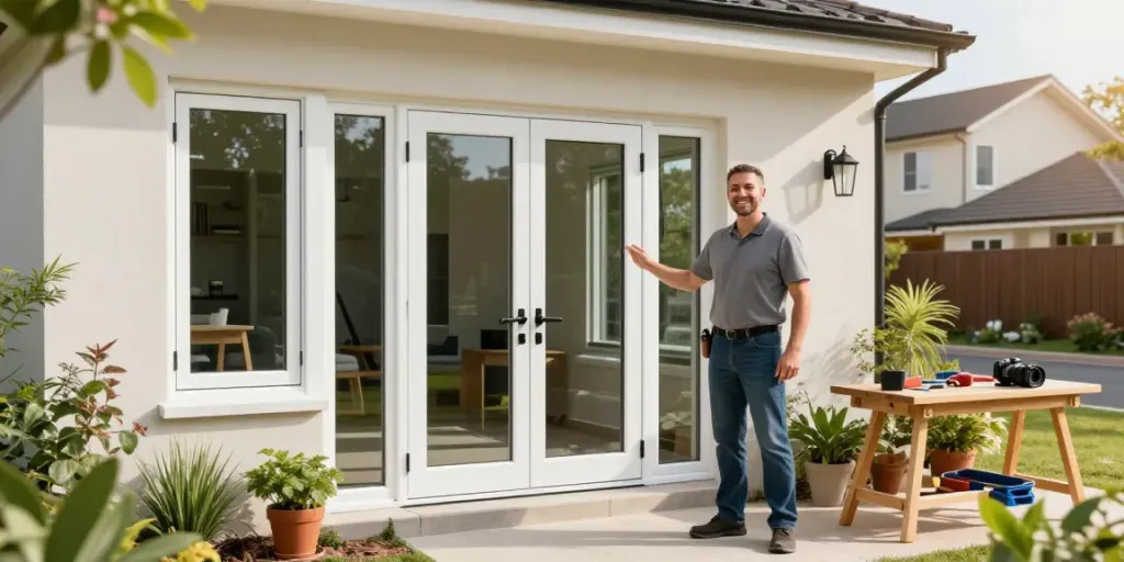 Showcasing uPVC murah installation with satisfied homeowner and vibrant greenery.