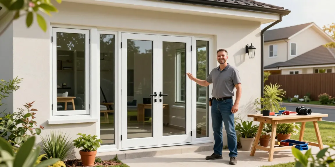 Showcasing uPVC murah installation with satisfied homeowner and vibrant greenery.