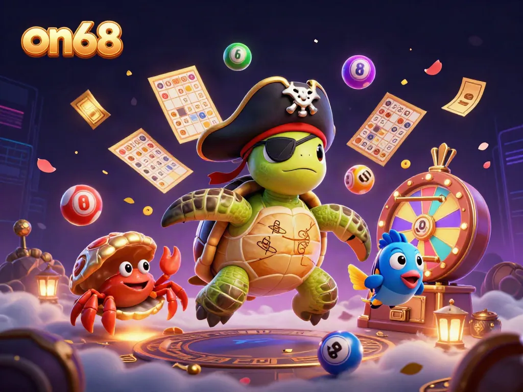 Experience the excitement of on68 with a vibrant 3D casino scene featuring lottery elements and colorful characters.