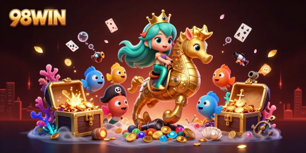 98WIN casino illustration showcasing a vibrant underwater treasure scene with a mermaid princess.