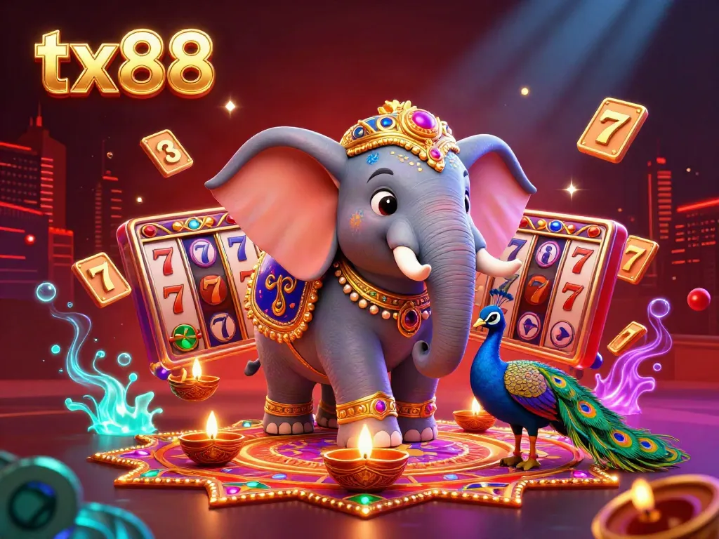 Experience thrilling gaming action with tx88 in this vibrant, festive casino scene.