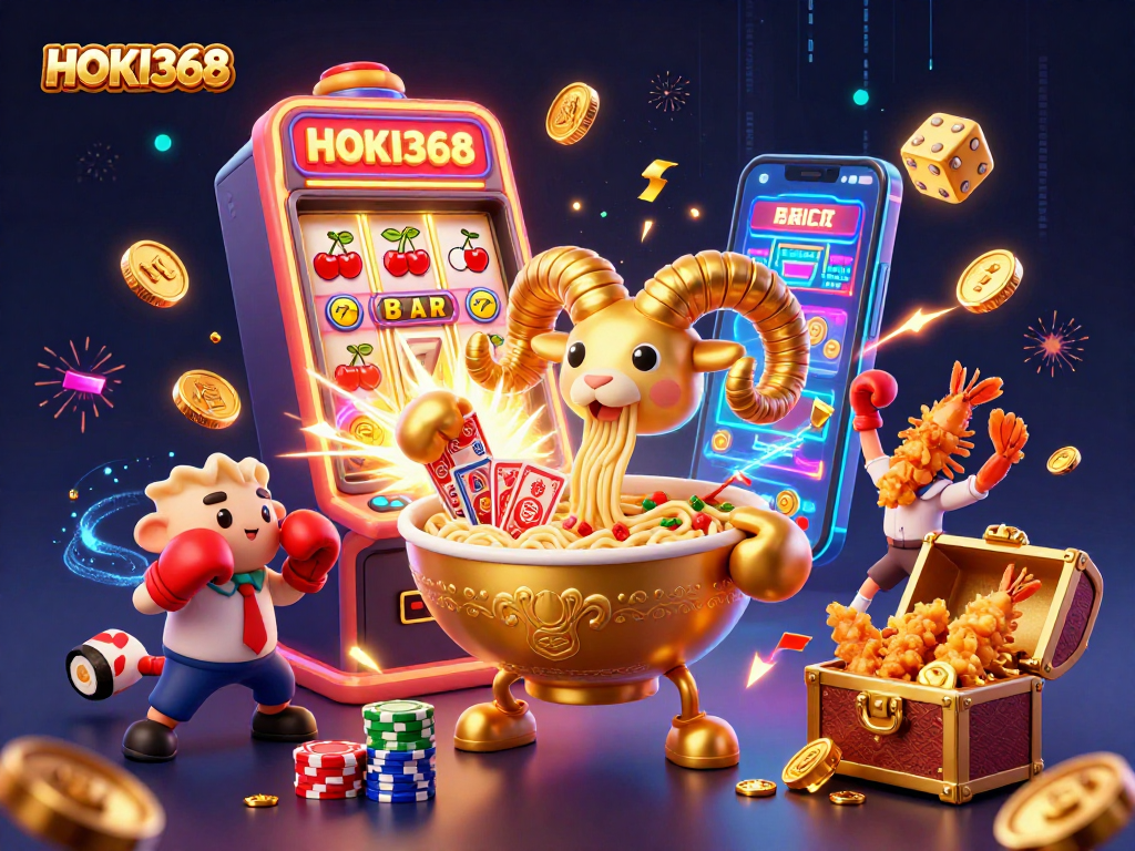 HOKI368 presents a vibrant 3D casino scene featuring a giant ramen bowl dealer among dynamic slot and gaming elements.