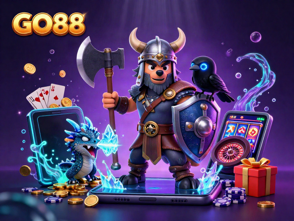 Experience thrilling gaming with GO88 as a Viking wolf warrior conquers a colorful casino scene.