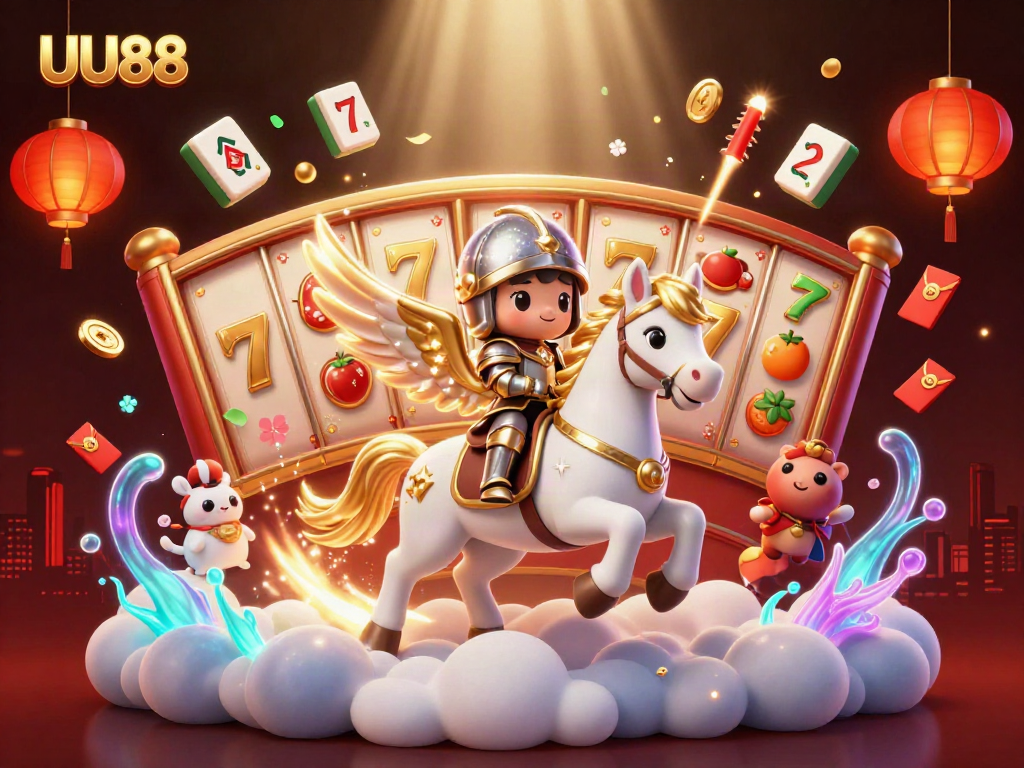 Experience the thrill of UU88 with a galloping celestial horse amid vibrant casino elements.