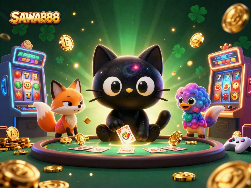 Engage with SAWA888's cosmic casino experience, featuring captivating gaming characters and vibrant slot reels.