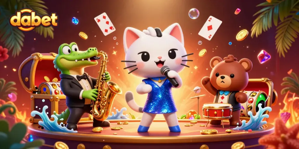 DABET promotes stunning gaming adventures with vibrant characters in a lively 3D casino scene.