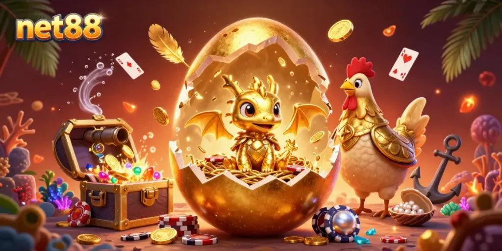 Experience thrills with net88 as a golden dragon emerges from a poker chip nest amidst ocean treasures.