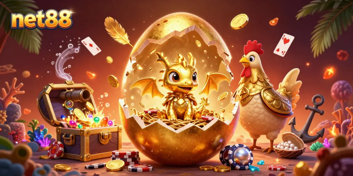 Experience thrills with net88 as a golden dragon emerges from a poker chip nest amidst ocean treasures.