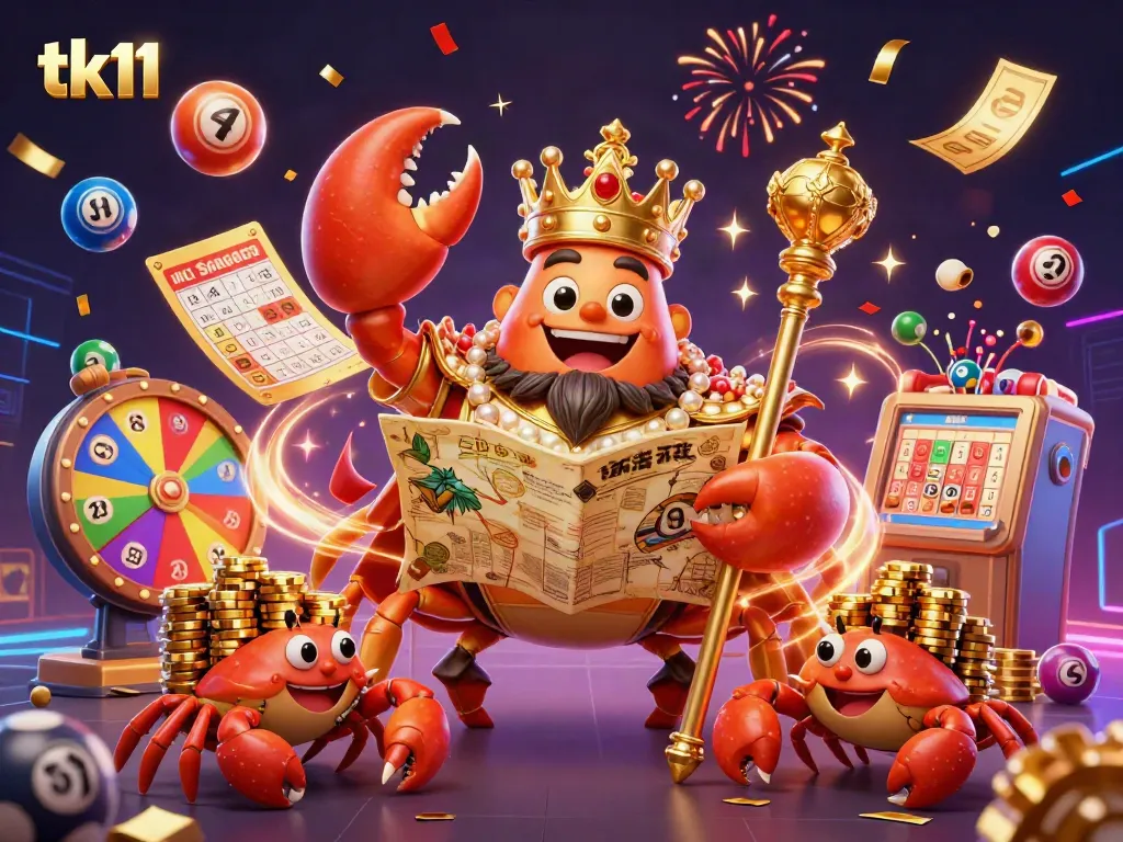 Experience exciting tk11 gaming with a golden crab emperor, vibrant prizes, and lottery elements in 3D.