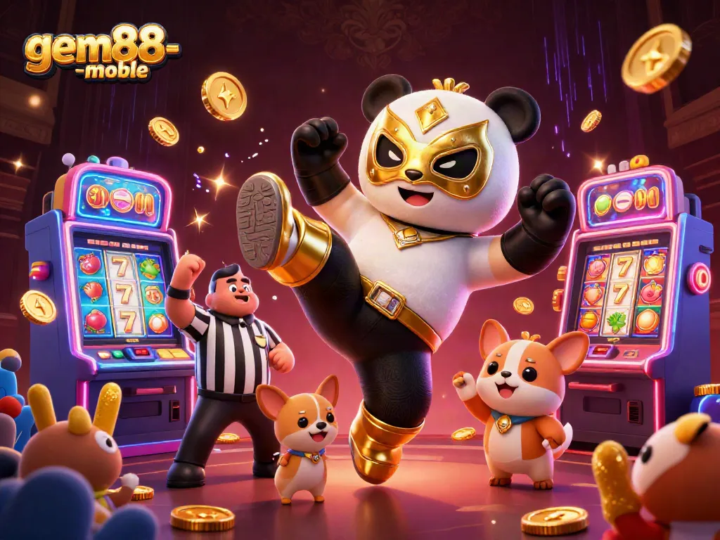 Experience thrilling gameplay at gem88-mobile with a 3D panda wrestler and glowing jackpot machines.