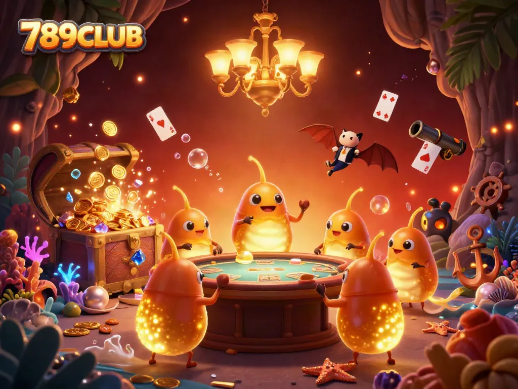 Experience the vibrant glow of 789CLUB as glowworms illuminate a lively casino scene.
