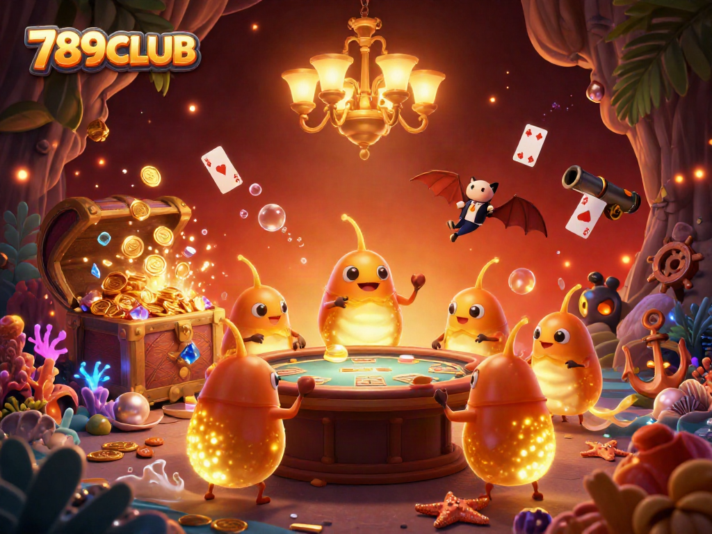 Experience the vibrant glow of 789CLUB as glowworms illuminate a lively casino scene.