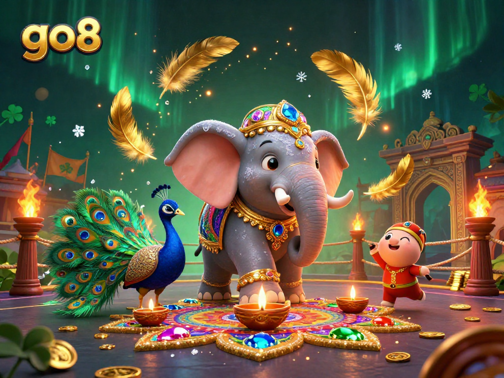 Engage with go8's vibrant gambling scene featuring a colorful elephant and dynamic elements.