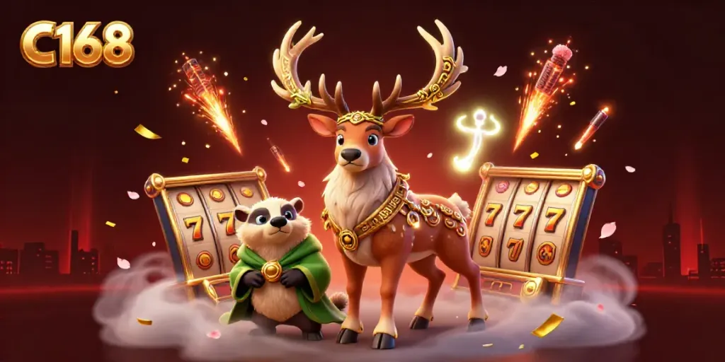 C168 online casino illustration featuring a druid stag, badger, slot reels, and vibrant colors.