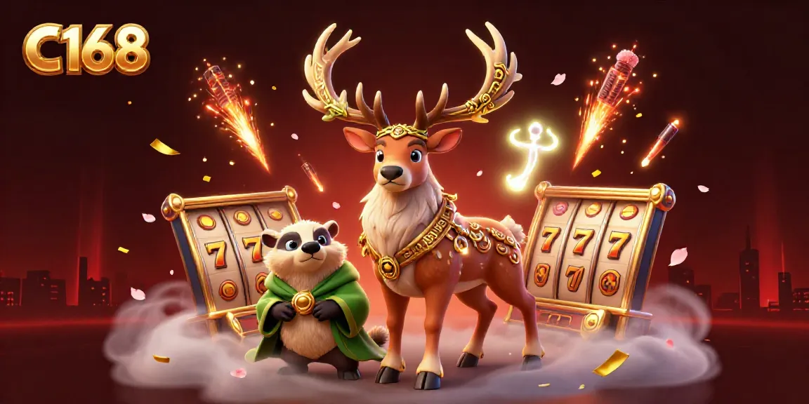 C168 online casino illustration featuring a druid stag, badger, slot reels, and vibrant colors.