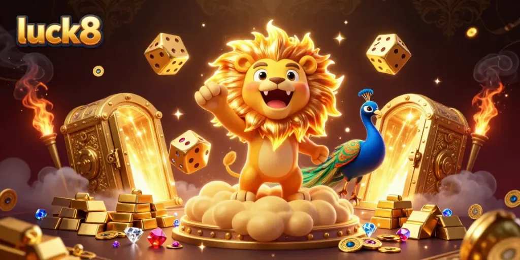 Experience thrilling wins with luck8 in a vibrant casino-themed illustration filled with golden treasures.