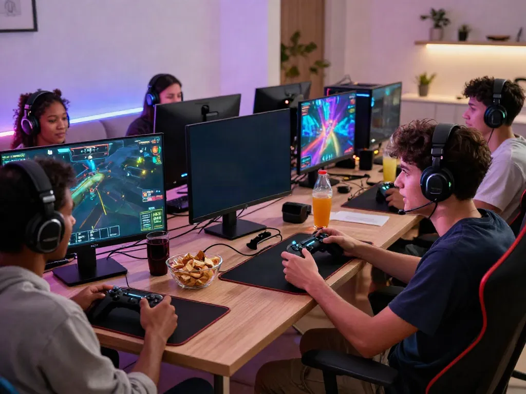 Friends enjoying an intense gaming session on Kilat404 in a vibrant living room setting.