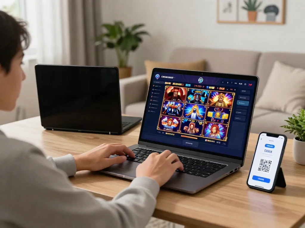 Player engaging with slot qris interface in a cozy gaming space.