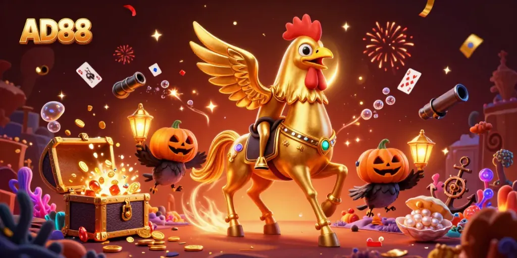 Experience thrilling gaming adventures at AD88 with golden rooster and friends in a vibrant casino.