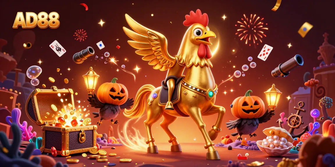 Experience thrilling gaming adventures at AD88 with golden rooster and friends in a vibrant casino.