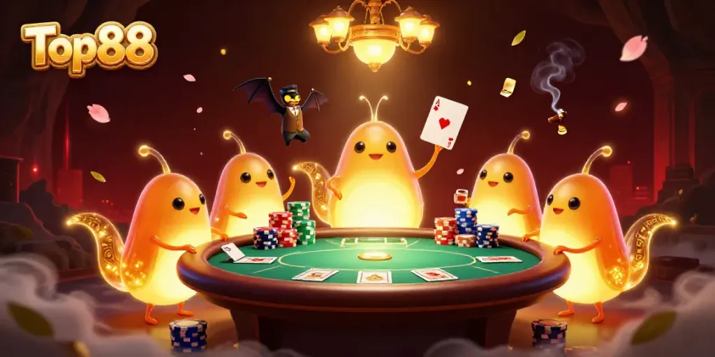 Engage in the animated world of Top88 with glowworms lighting a casino scene