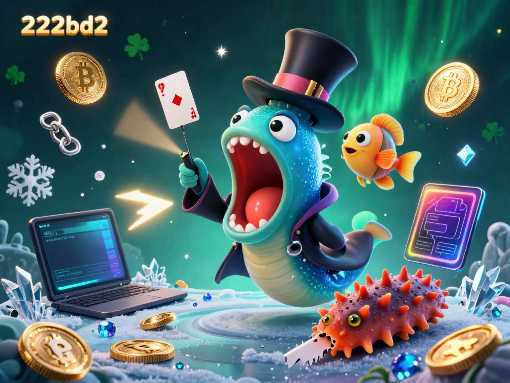 Engage with 222bd2's dynamic casino magic scene featuring whimsical marine characters and cryptocurrency elements.