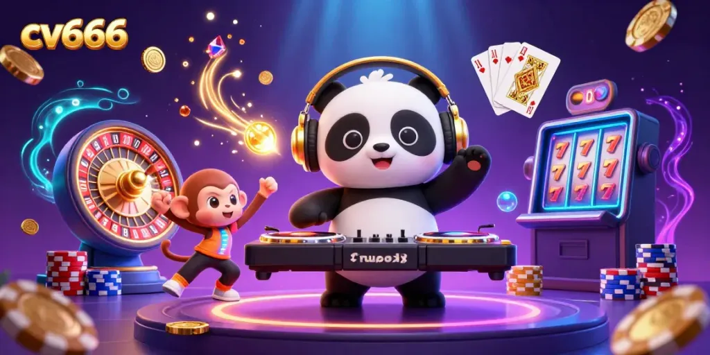 Play thrilling games at cv666 with a vibrant scene featuring characters enjoying casino elements amid sparkling gems and coins.