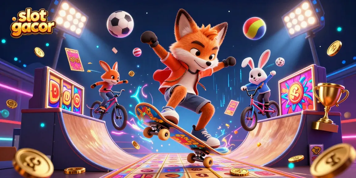 Engaging 3D depiction of a skateboarder fox and BMX rabbit, showcasing slot gacor elements.