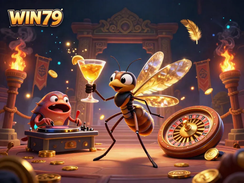 Engage with WIN79's vibrant casino scene, showcasing a unique frozen-in-amber mosquito mascot and dynamic gaming elements.