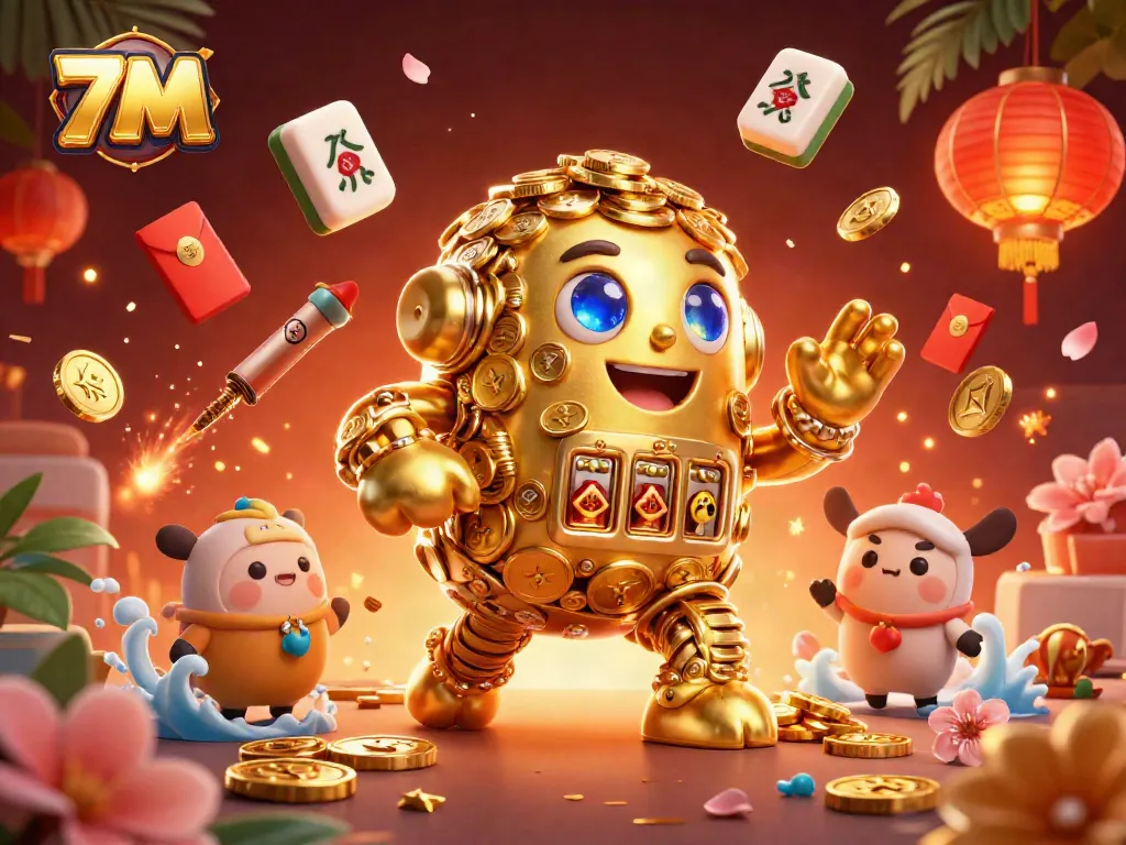 7M's dynamic golden golem illustration showcasing rich casino elements and lively visuals from online gambling.